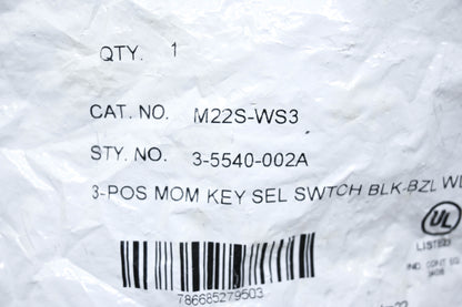 Eaton M22S-WS3 Selector Switch and Key NOS
