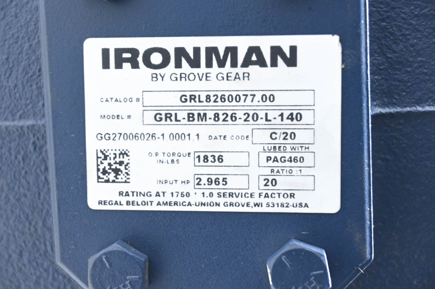 Grove Gear GRL-BM-826-20-L-140�, GRL8260077.00 Right Angle Gear Reducer NOS