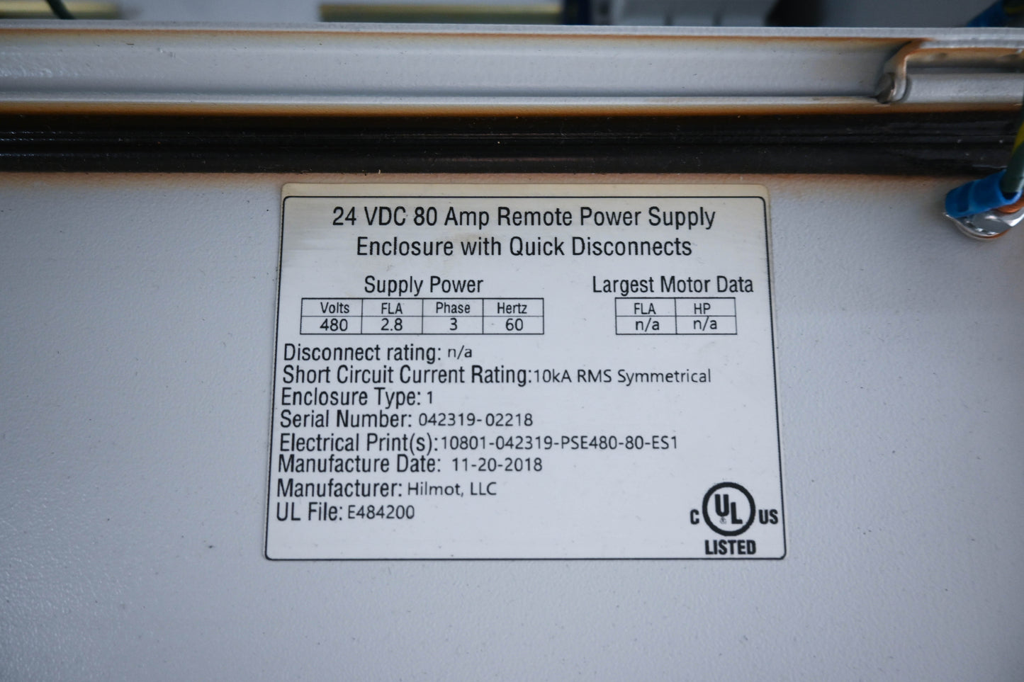 Hilmot 042319-02218, 10801-042319 24 VDC 80 Amp Remote Power Supply Enclosure with Quick Disconnects NOS