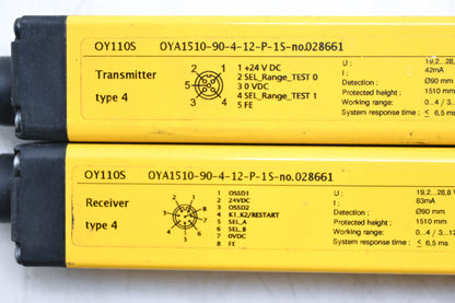 IFM OY110S, OYA1510-90-4-12-P-1, 1-no.028661 Safety Light Curtain Transmitter and Reciever Set NOS