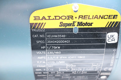 ABB Baldor VEUHM3546 SuperE Motor, HP 1/.75KW, 1770 1/min RPM, 3 Phase, 60Hz, 56C Frame, 352m NOS