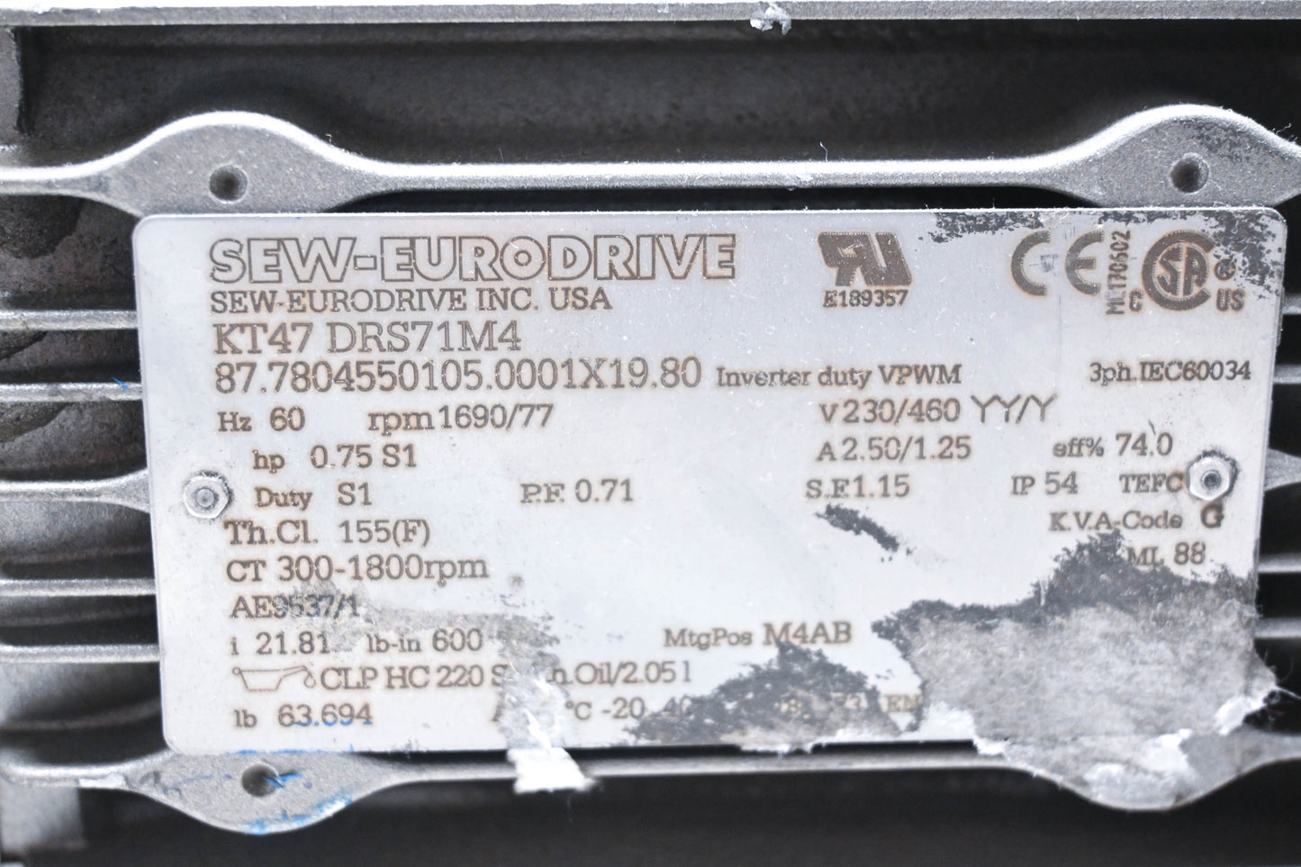 Sew Eurodrive KT47 DRS71M4 Gearmotor, 60Hz, 1690 RPM