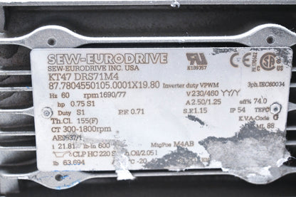Sew Eurodrive KT47 DRS71M4 Gearmotor, 60Hz, 1690 RPM