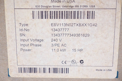 Lenze ESV113N02TXBXX1G42, 13437777349361600 VFD Motor Drive Controller, 240 V, 3/PE AC, 11.0 kW NOS