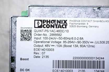 Phoenix Contact 2866682, QUINT-PS/1AC/48DC/10 Power Supply Module NOS