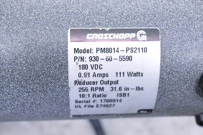 Groschopp PM8014-PS2110 Electric Gear Motor, 255 RPM, 180VDC, 0.91 Amps NOS