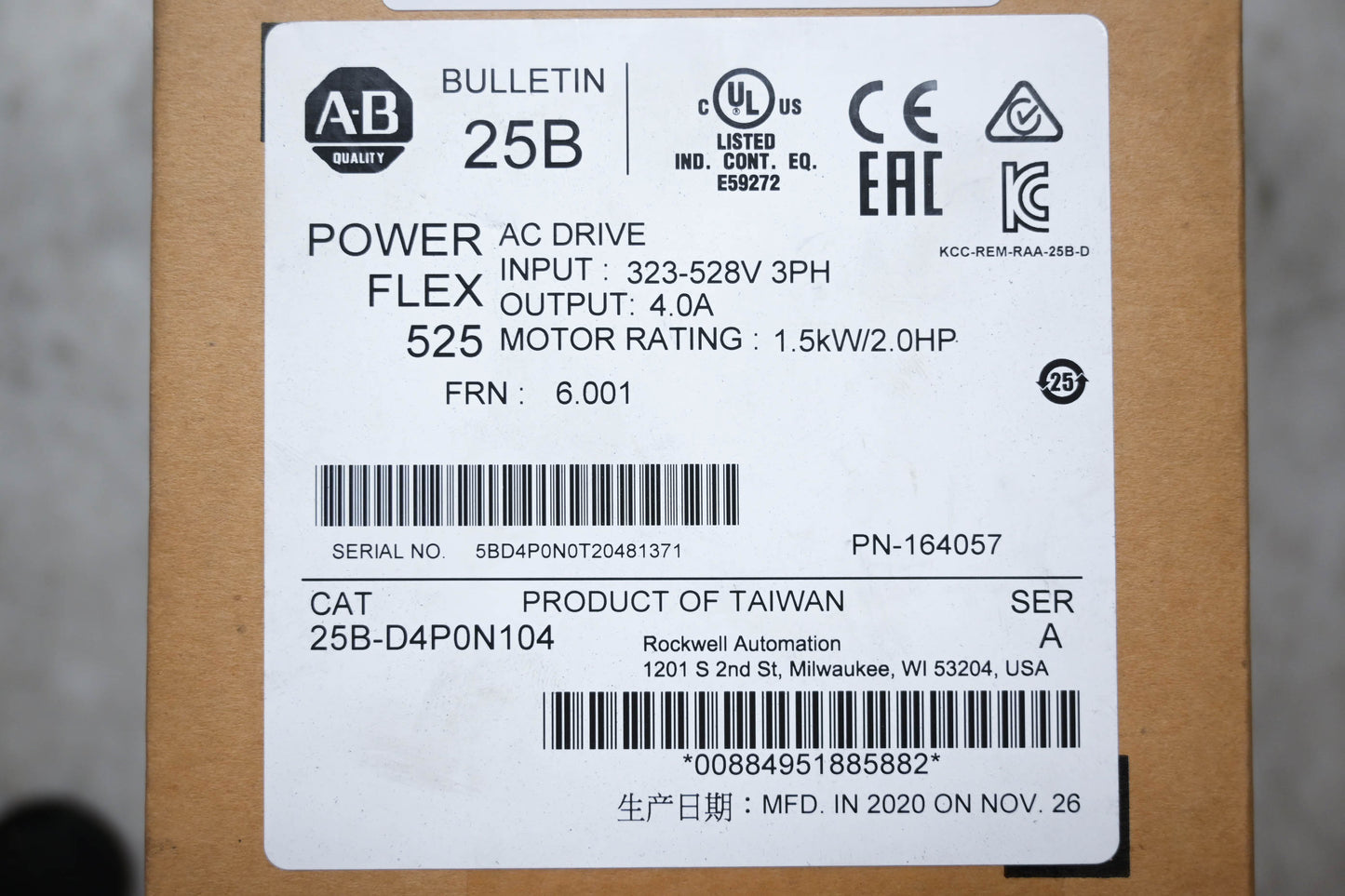 Allen-Bradley 25B-D4P0N104 PowerFlex 525 AC Drive NOS