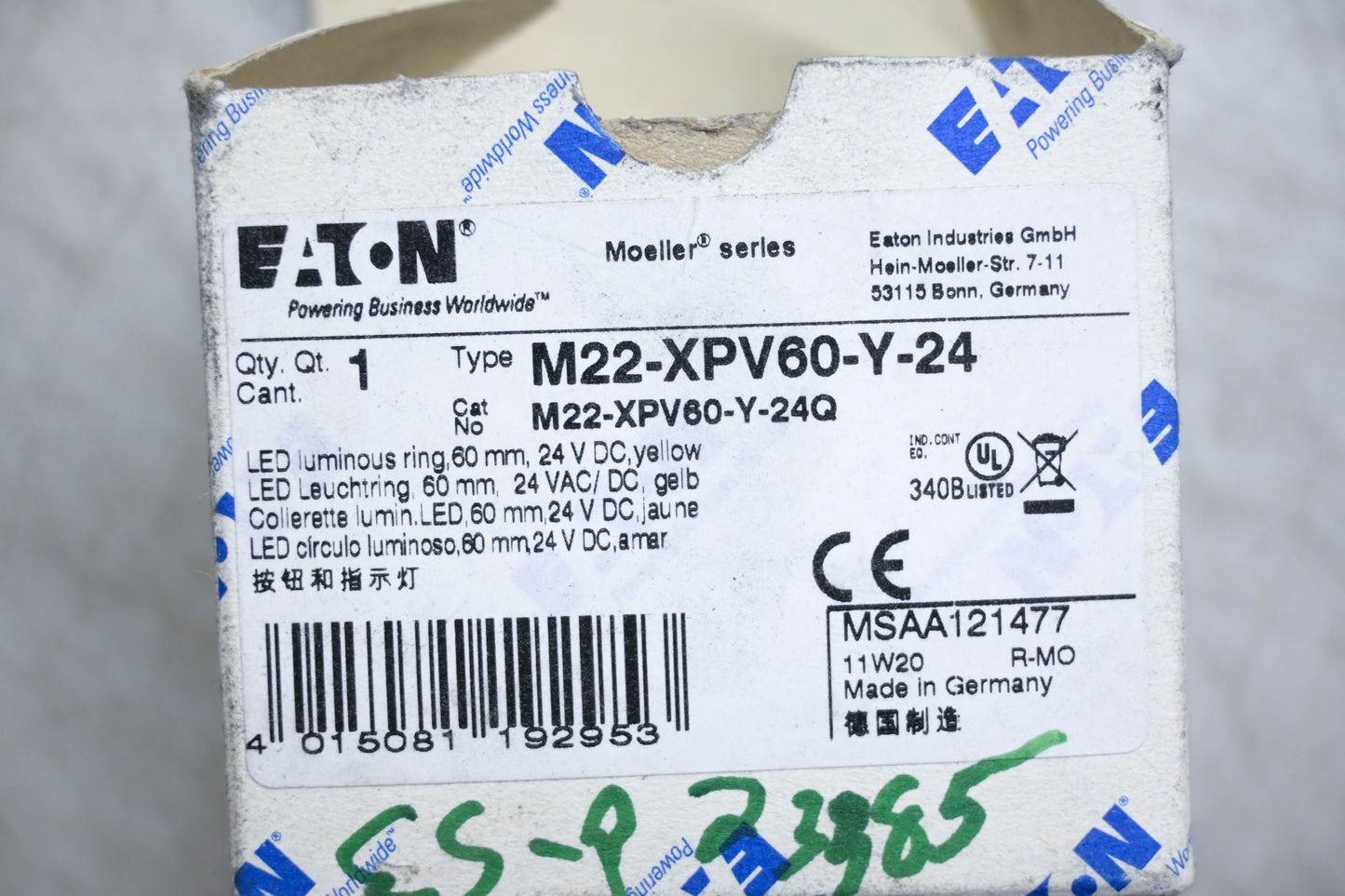 Eaton M22-XPV60-Y-24 60mm Moeller LED Lighting Ring NOS