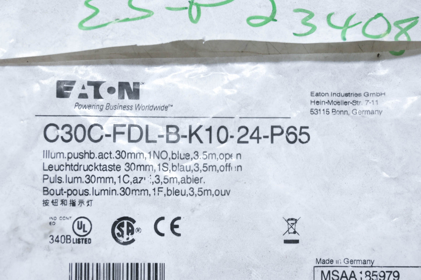 Eaton C30C-FDL-B-K10-24-P65 Blue Illuminated Push Button NOS