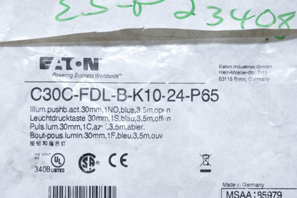 Eaton C30C-FDL-B-K10-24-P65 Blue Illuminated Push Button NOS