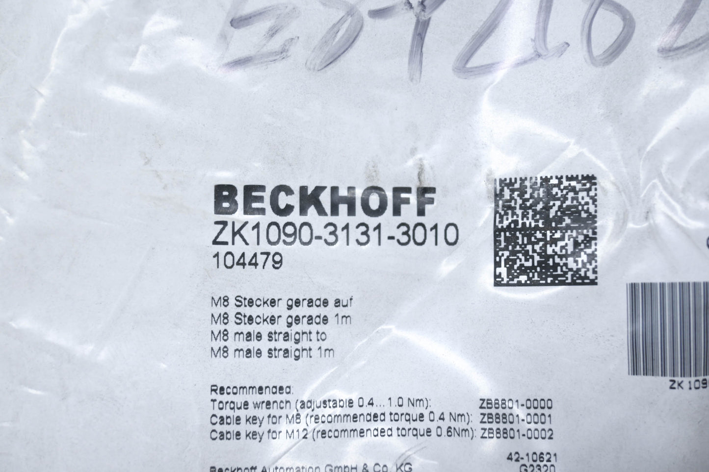 Beckhoff ZK1090-3131-3010 M8 Male Straight to M8 Male Straight 1m Ethercat Cable NOS