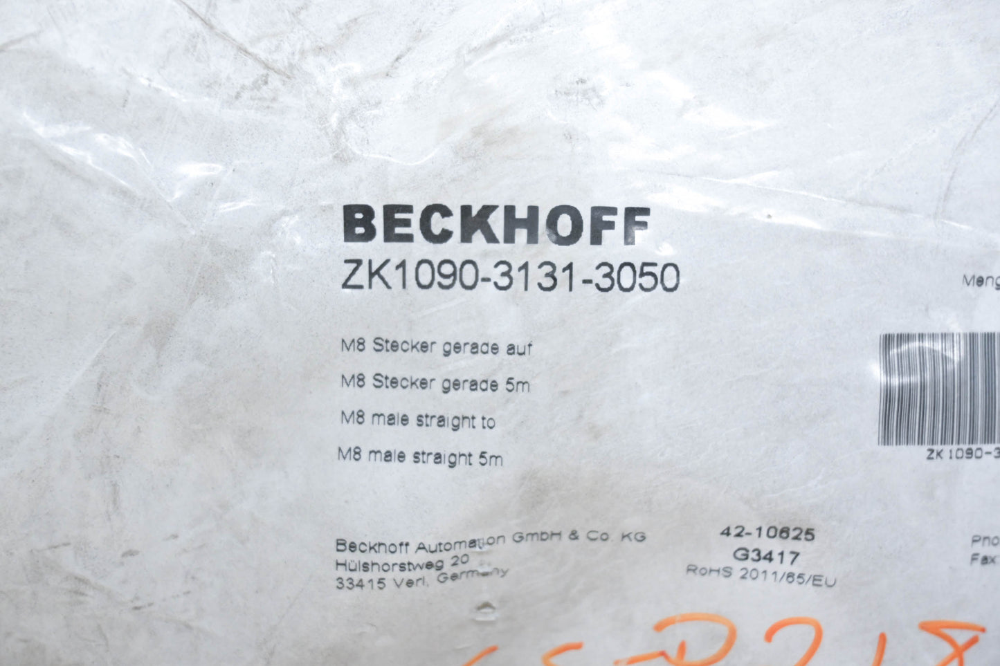 Beckhoff ZK1090-3131-3050 M8 Male Straight to M8 Male Straight 5m Cable NOS