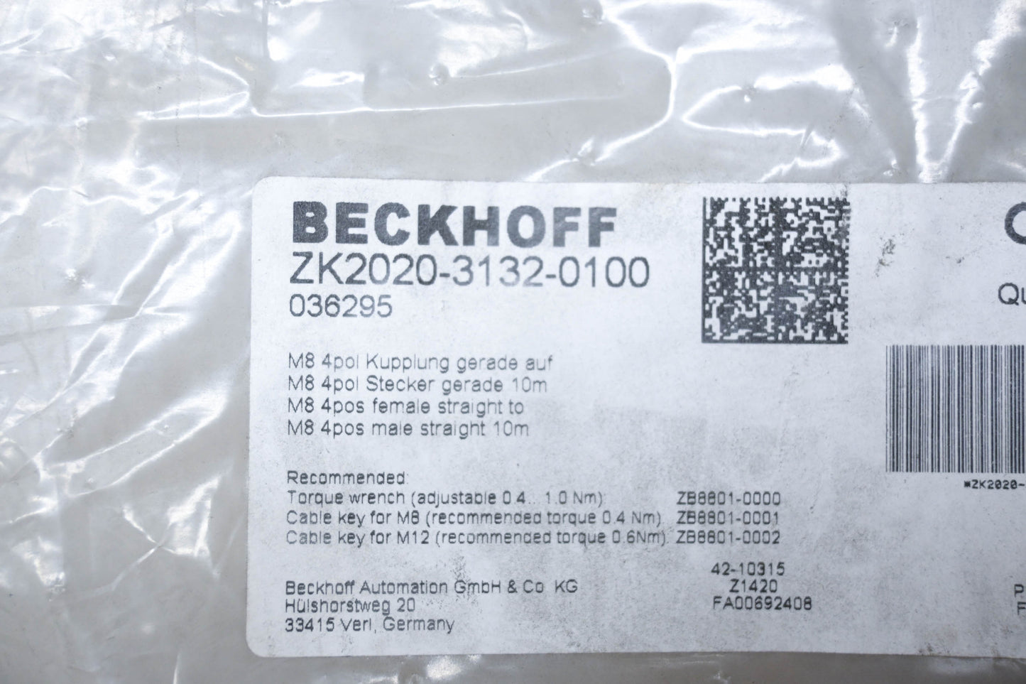 Beckhoff ZK2020-3132-0100 M8 4pos Male Straight 10m Cable NOS