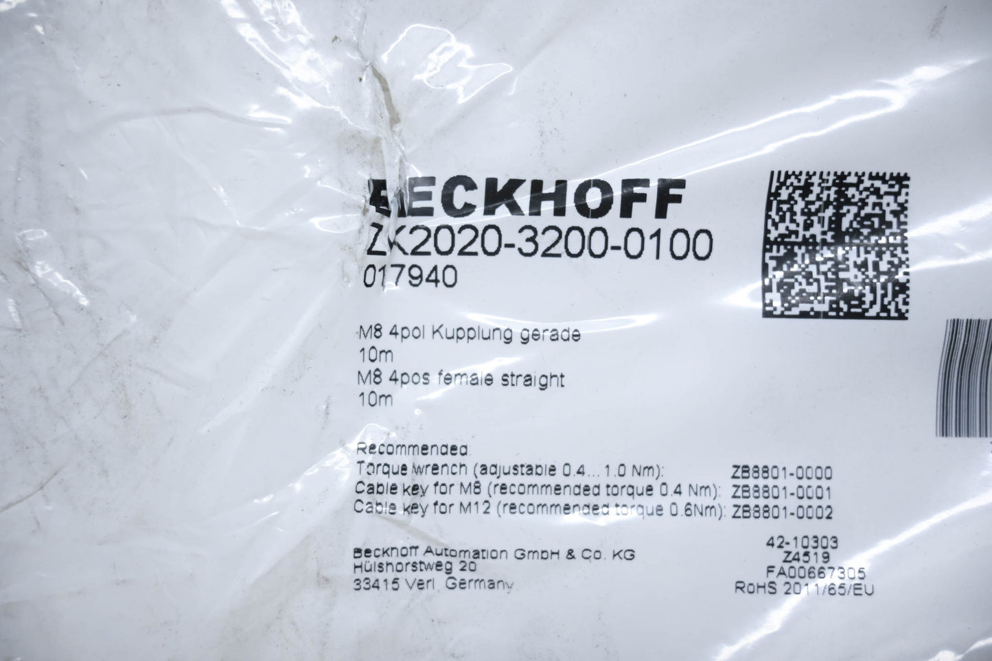 Beckhoff ZK2020-3200-0100 M8 4pos Female Straight to M8 4pos Male Straight 10m Cable NOS