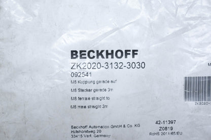 Beckhoff ZK2020-3132-3030 M8 Female Straight to M8 Male Straight 3m Cable NOS