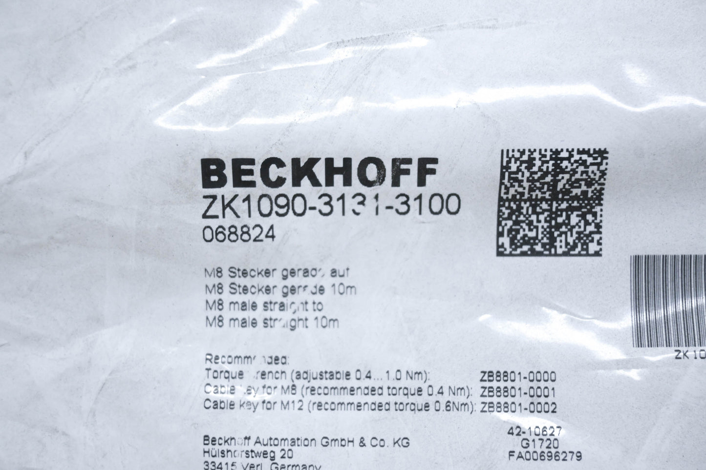 Beckhoff ZK1090-3131-3100 M8 Male Straight to M8 Male Straight 10m Cable NOS
