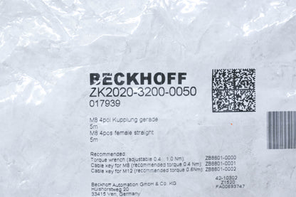 Beckhoff ZK2020-3200-0050 M8 4pos Female Straight 5m Cable NOS