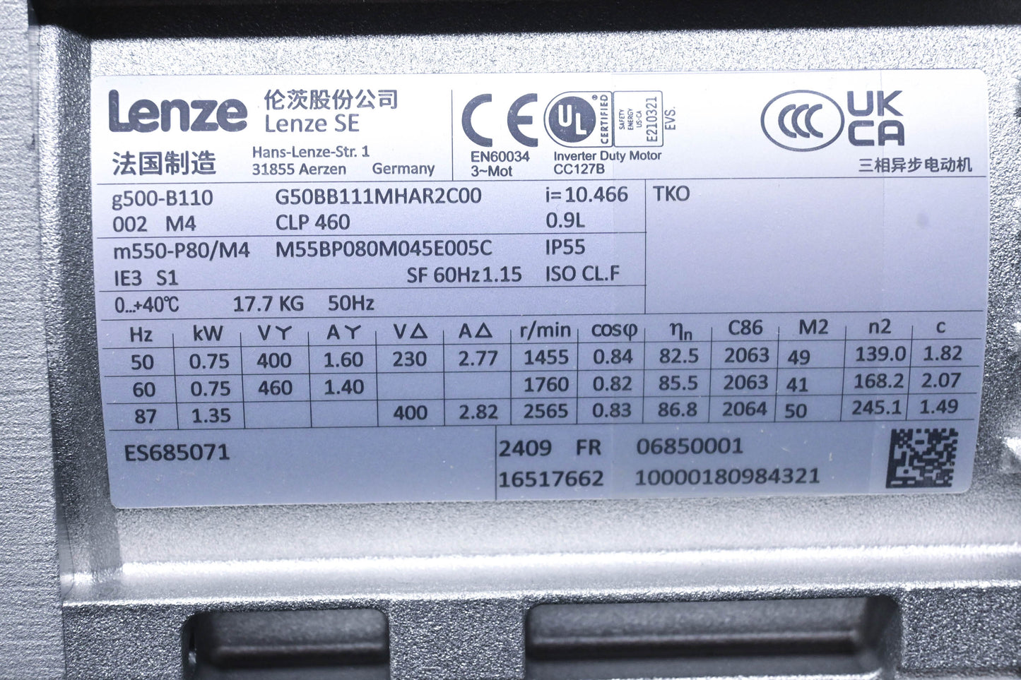 Lenze G50BB111MHAR2C00 Transmission Motor i=10.466, 50Hz, 1455 rpm NOS