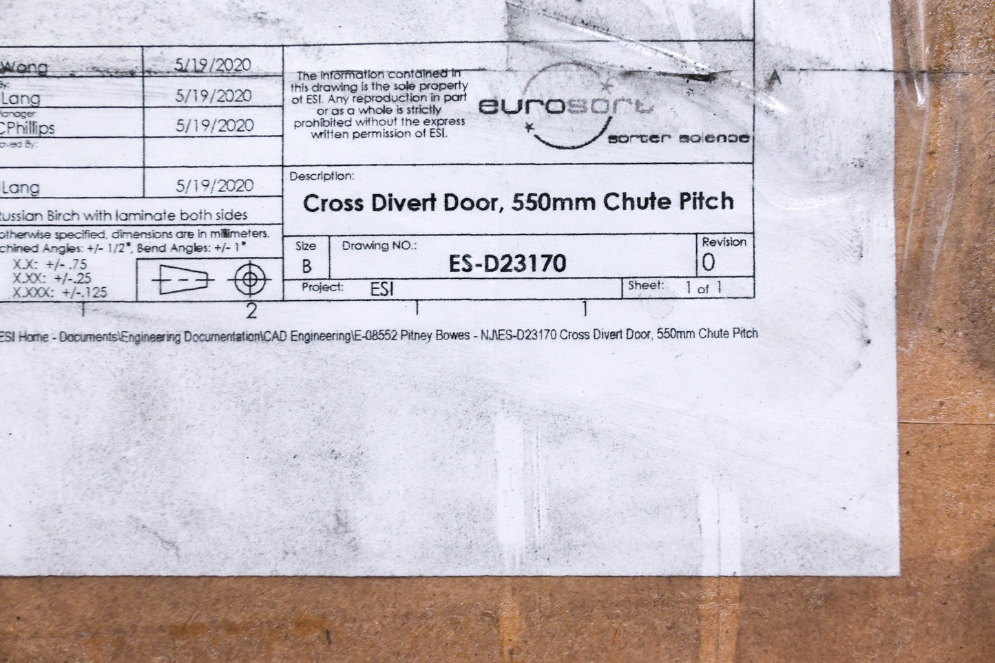 Eurosort ES-D23170 550mm Chute Pitch Cross Divert Door NOS