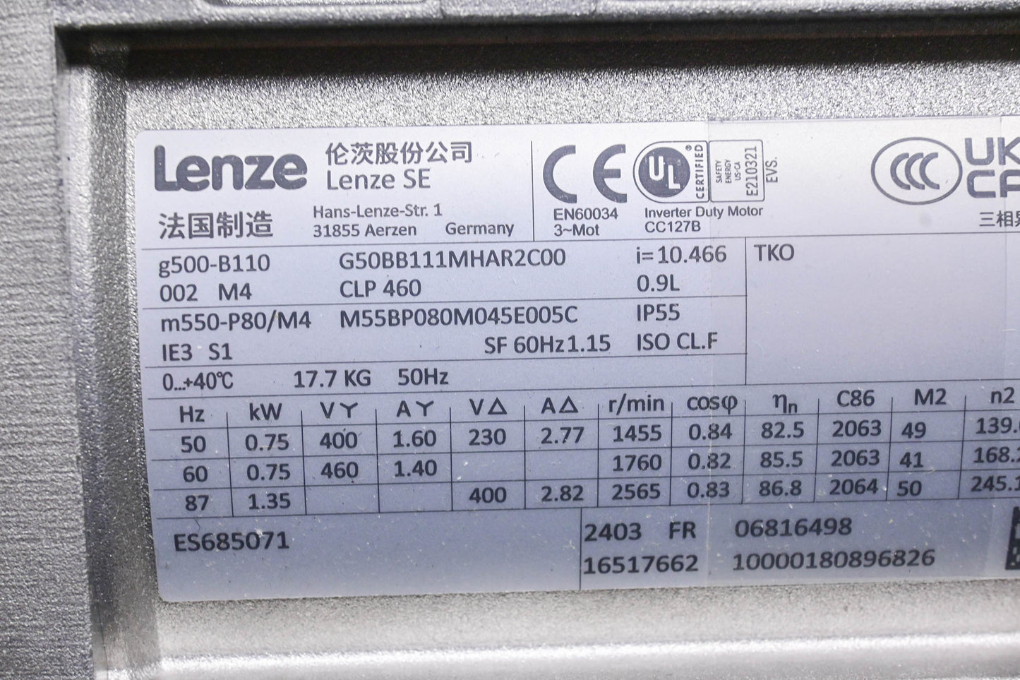 Lenze G50BB111MHAR2C00 Transmission Motor i=10.466, 50Hz, 1455 rpm NOS