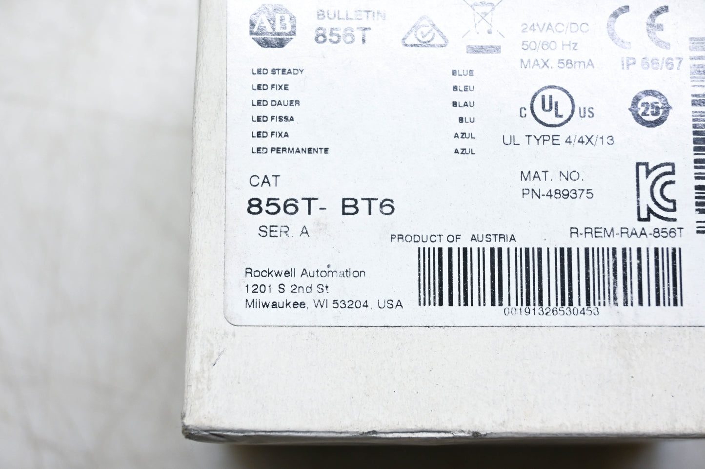 Allen-Bradley 856T-BT6 Blue Steady LED Stack Light 24VAC/DC 70mm NOS