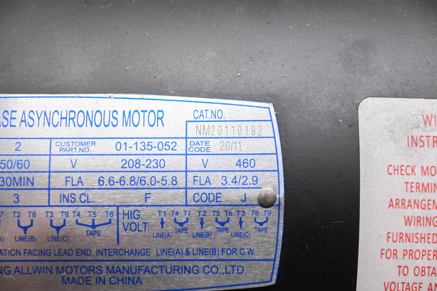 Wendeng Allwin NM20110192, YG88-4, 01-135-052 Three Phase Asynchronous Motor