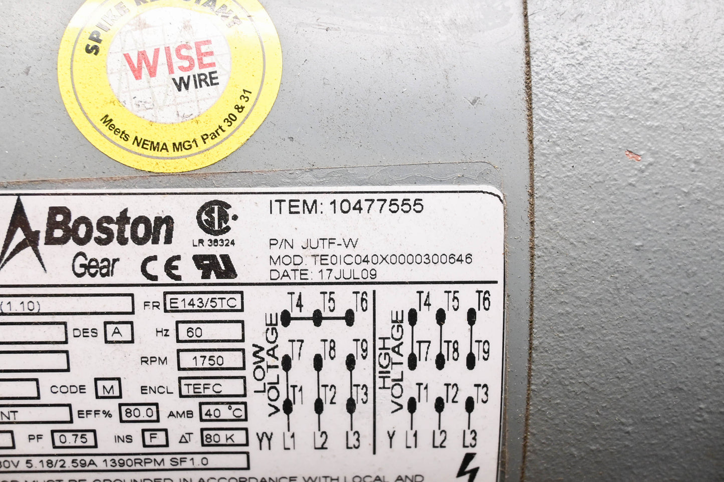 Boston Gear JUTF-W, TE0IC040X0000300646 Motor and Right Angle Gear Reducer