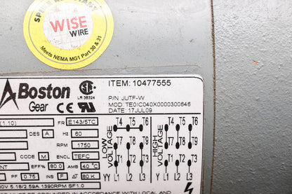 Boston Gear JUTF-W, TE0IC040X0000300646 Motor and Right Angle Gear Reducer