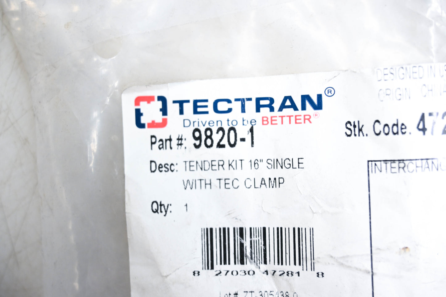 Tectran 9820-1 16" Single Tender Kit NOS