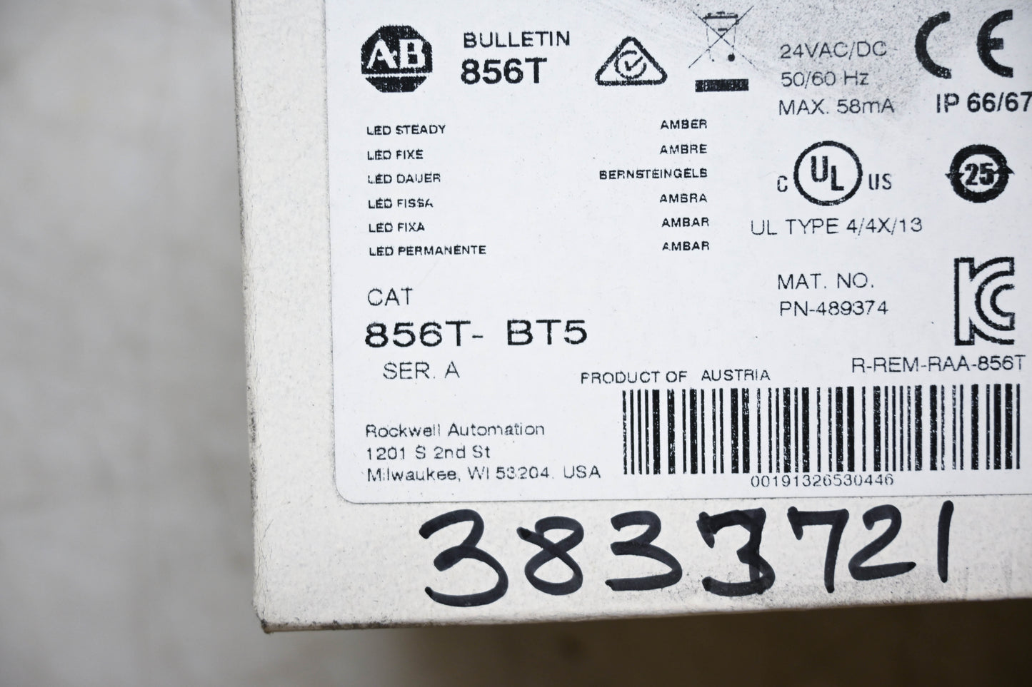 Allen-Bradley 856T-BT5 Amber Stack Light NOS