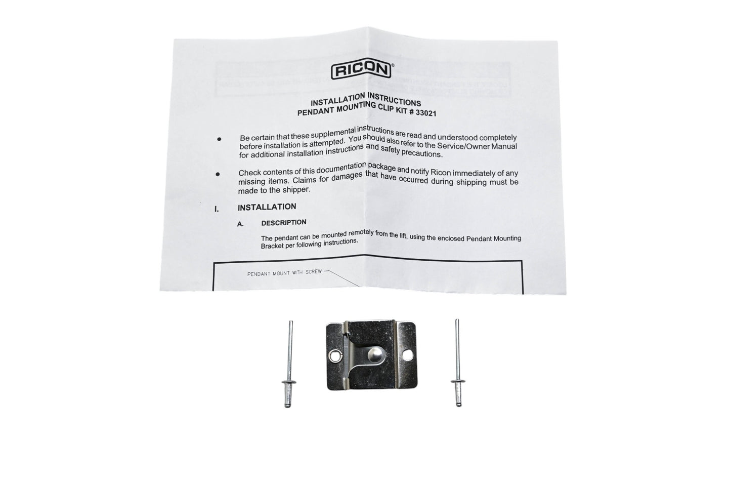 Ricon 33021 Pendant Mounting Clip Kit NOS