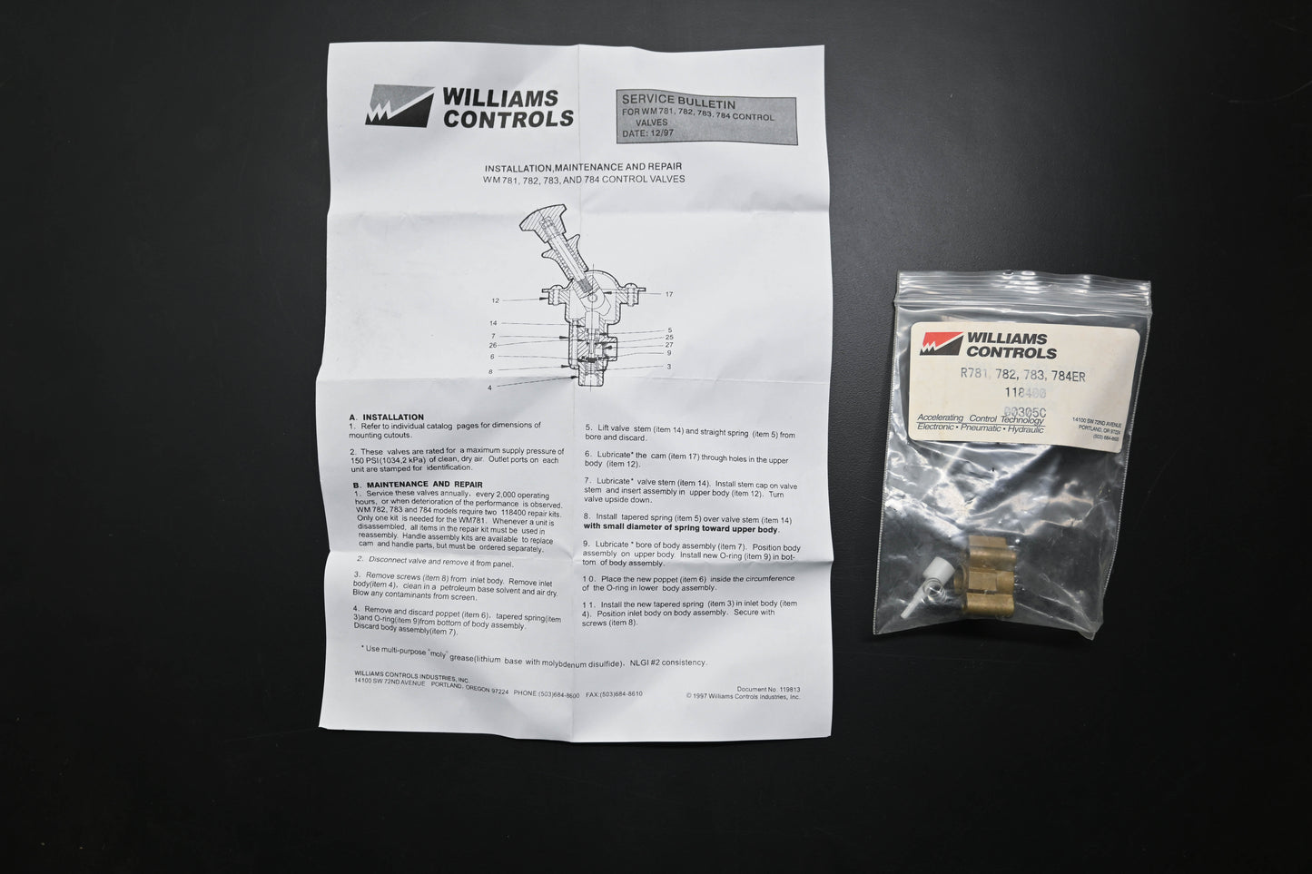 Williams Controls 118400 R781 782 783 784SER Control Valves Repair Kit NOS