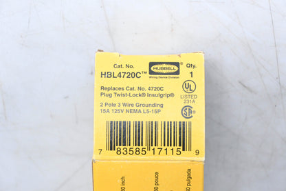 Hubbell HBL4720C, 783585171159 15A 125V Twist Lock Male Plug L5-15P NOS