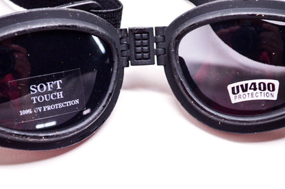 New Black Motorcycle Riding Goggles Tinted Lens Soft Touch UV400 Protection NOS