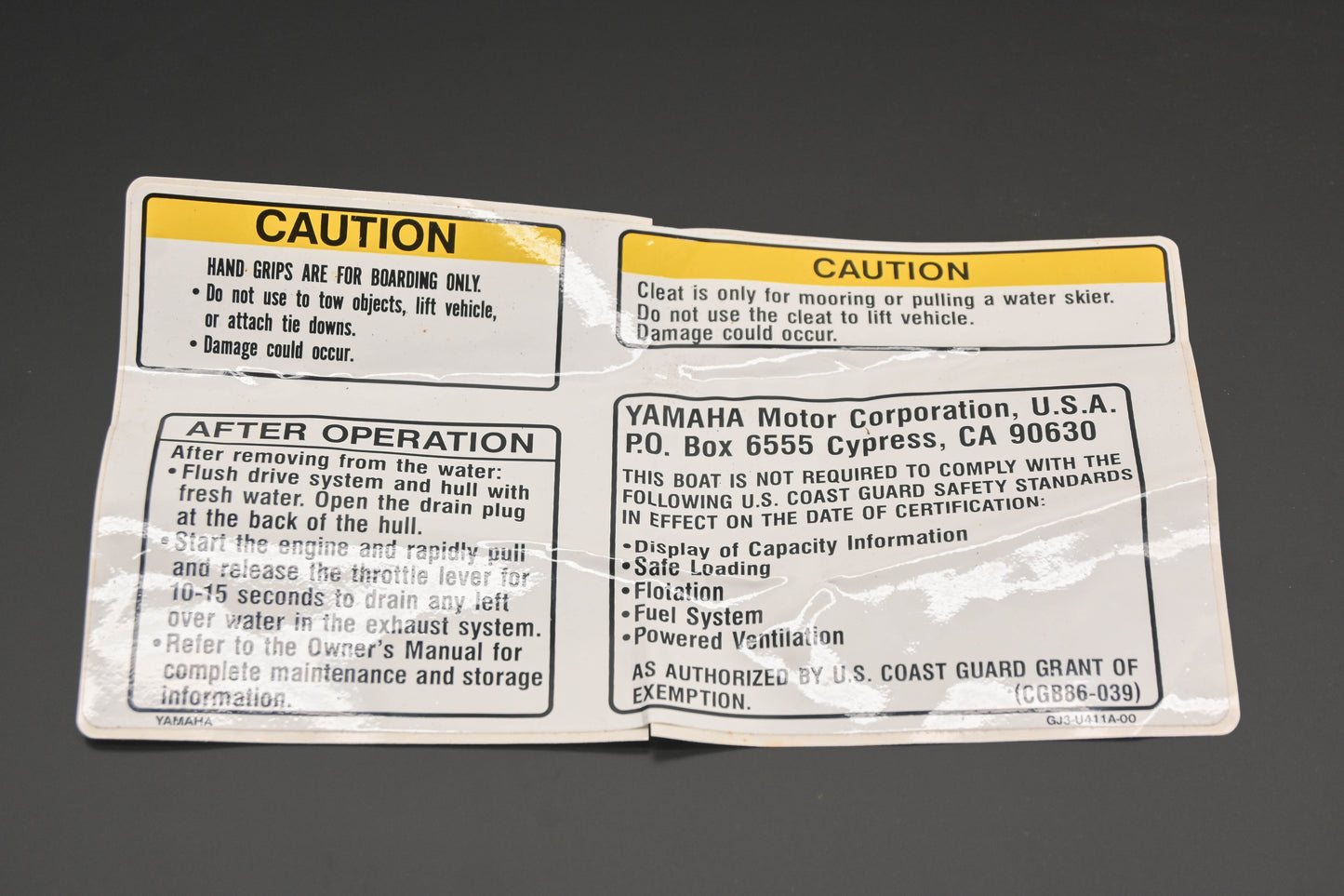 New OEM Yamaha GJ3-U411A-00-00 Caution Warning Label Decal NOS