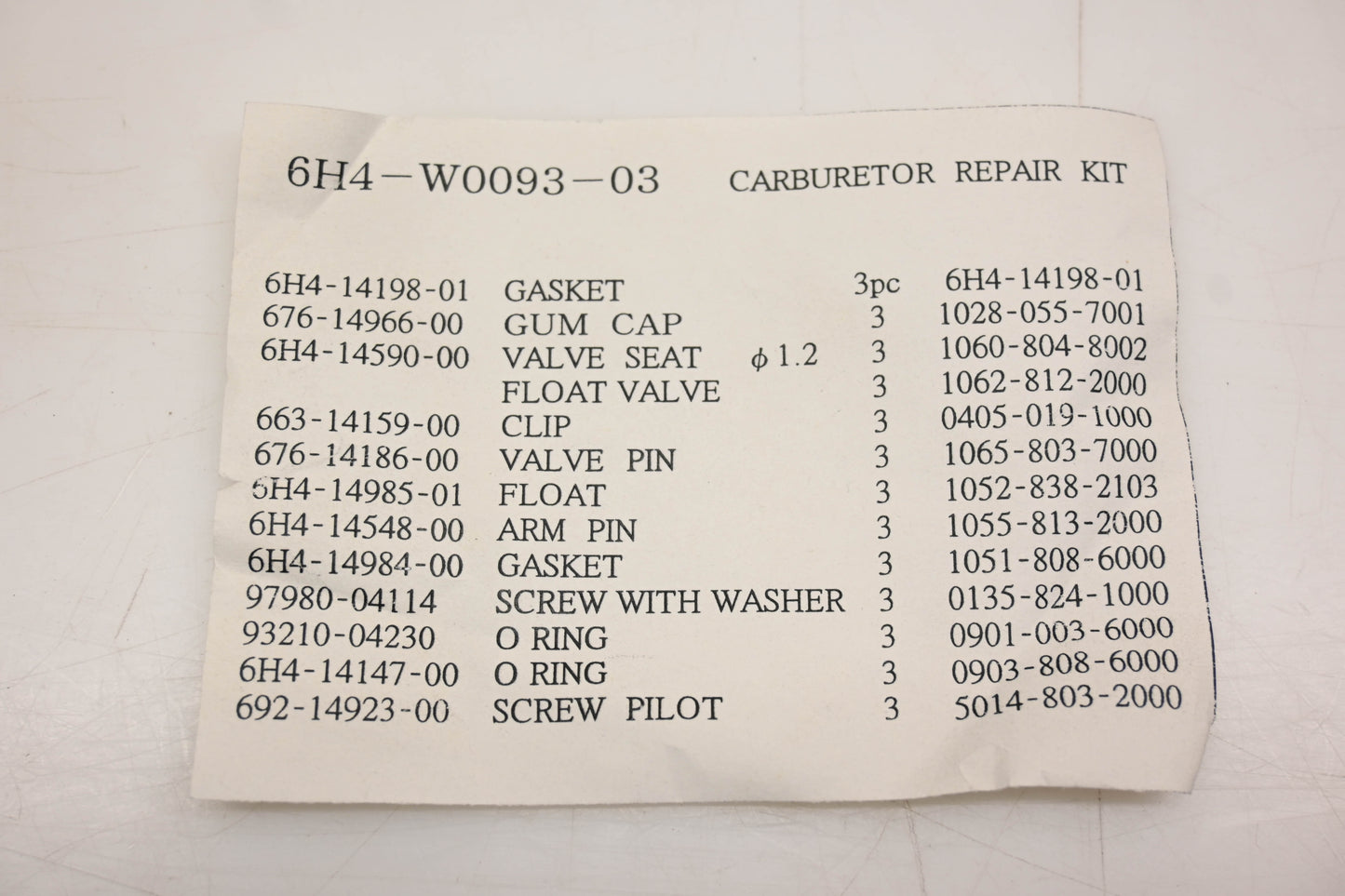 New OEM Yamaha 6H4-W0093-03-00 Carburetor Repair Kit NOS