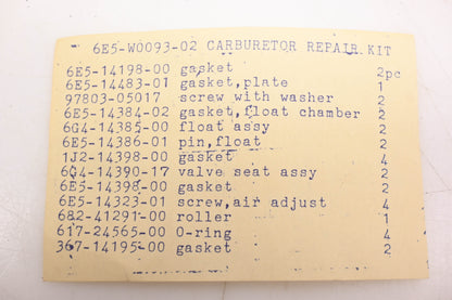 New OEM Yamaha 6E5-W0093-02-00 Carburetor Repair Kit NOS