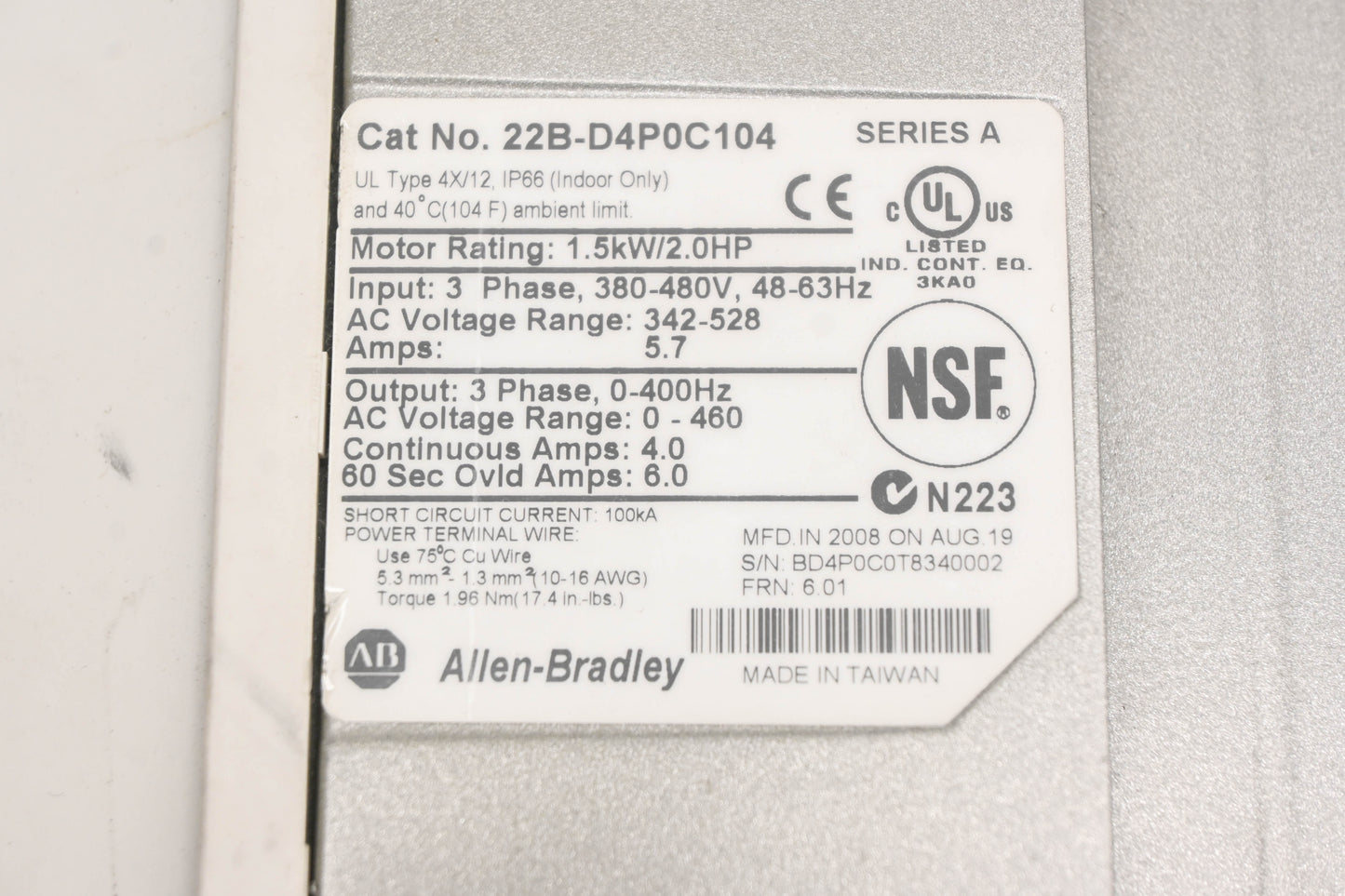 Allen-Bradley 22B-D4P0C104 Powerflex 40 AC Drive Series A Unit