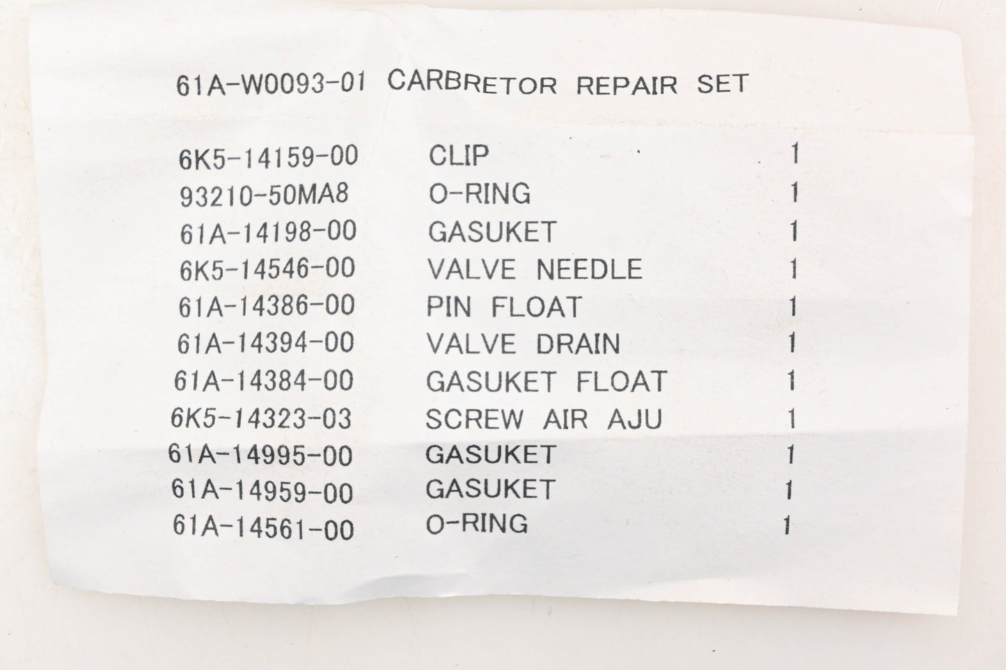 New OEM Yamaha 61A-W0093-01-00 Carburetor Repair Kit NOS
