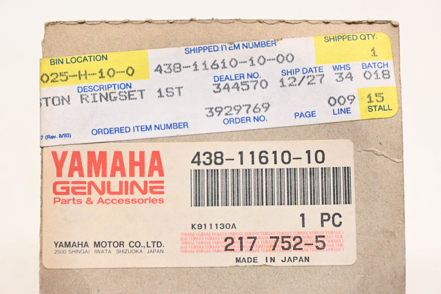New OEM Yamaha 438-11610-10-00 Piston Ring Kit NOS