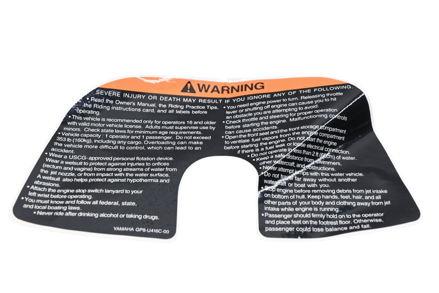 New OEM Yamaha GP8-U416C-00-00 Warning Label Decal NOS