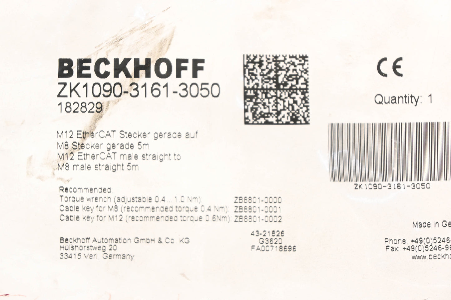 Beckhoff ZK1090-3161-3050, 182829 Green M12 EtherCAT Male-Male 5M Cable NOS