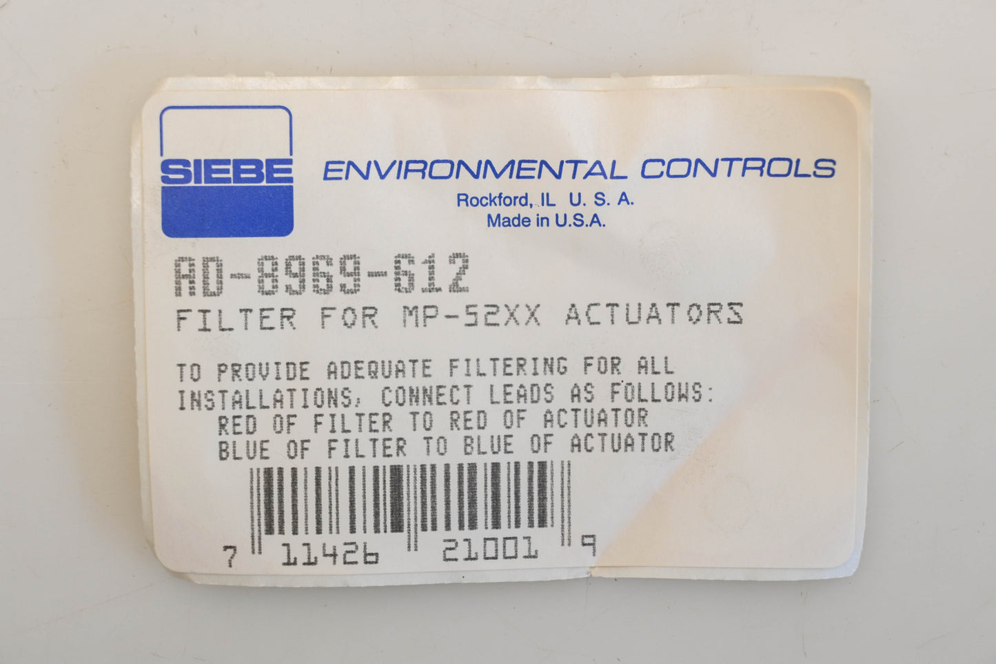 Environmental Controls AD-8969-612 Actuator Filter NOS