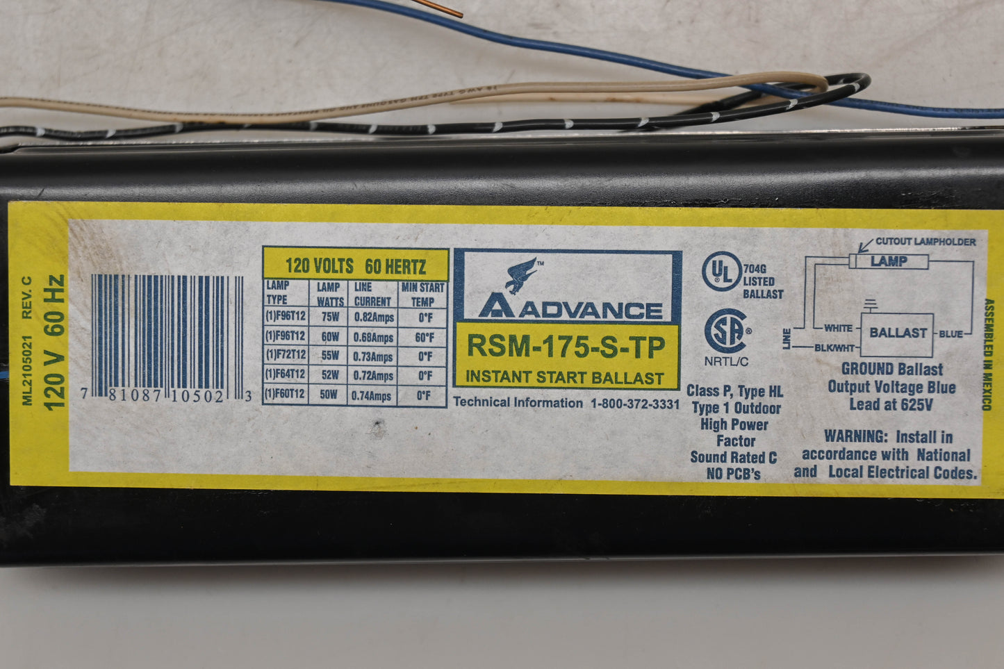 Advance RSM-175-S-TP 120V-60Hz Instant Start Ballast NOS