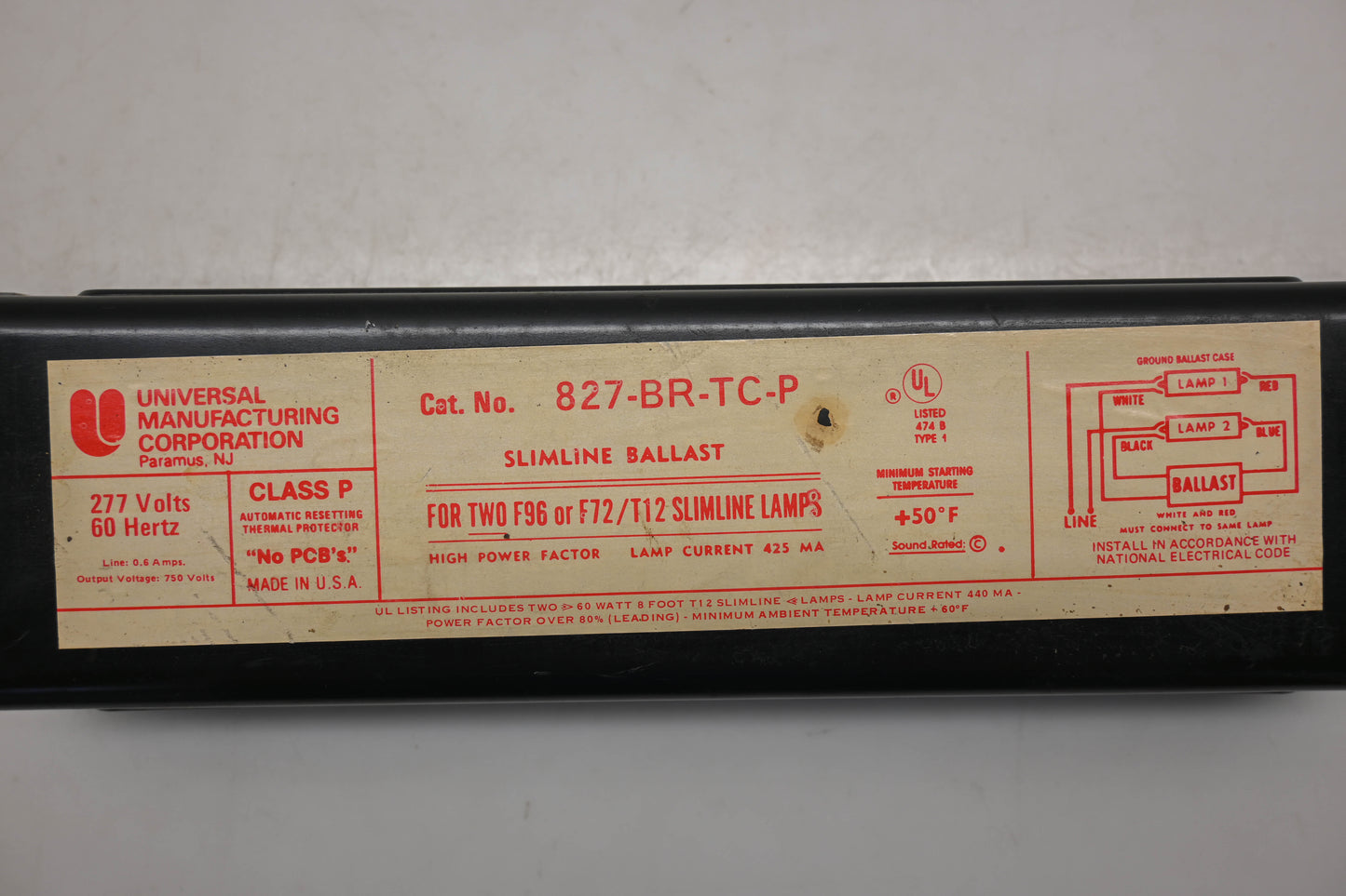 UMC 827-BR-TC-P 277V-60Hz Slimline Ballast NOS