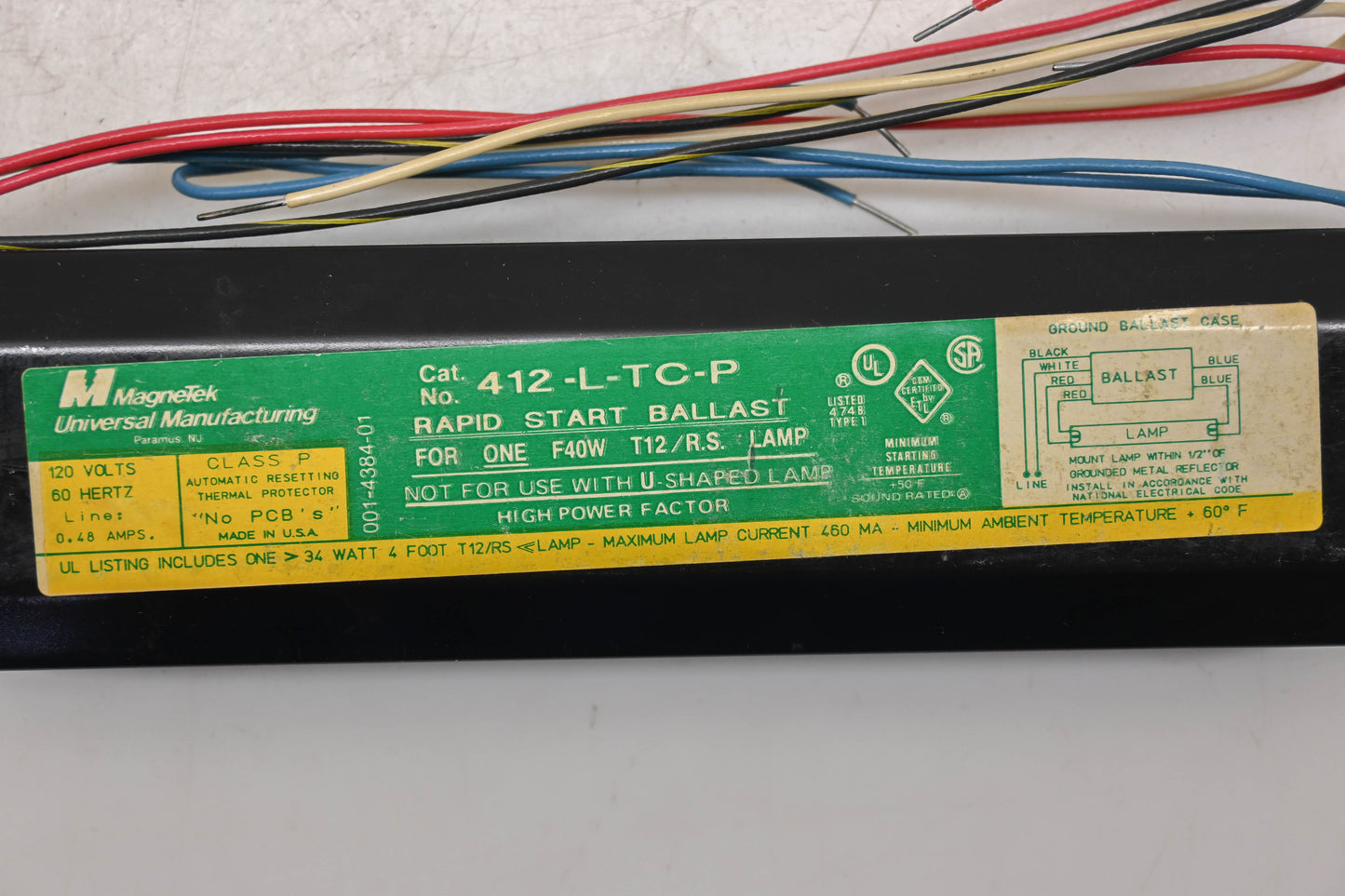 MagneTek 412-L-TC-P 120V-60Hz Rapid Start Ballast NOS