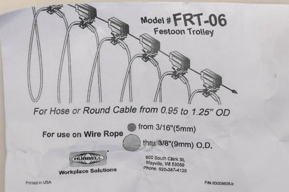 Hubbell FRT-06 0.95" x 1.25" Hose/Cable Festoon Trolley Kit NOS