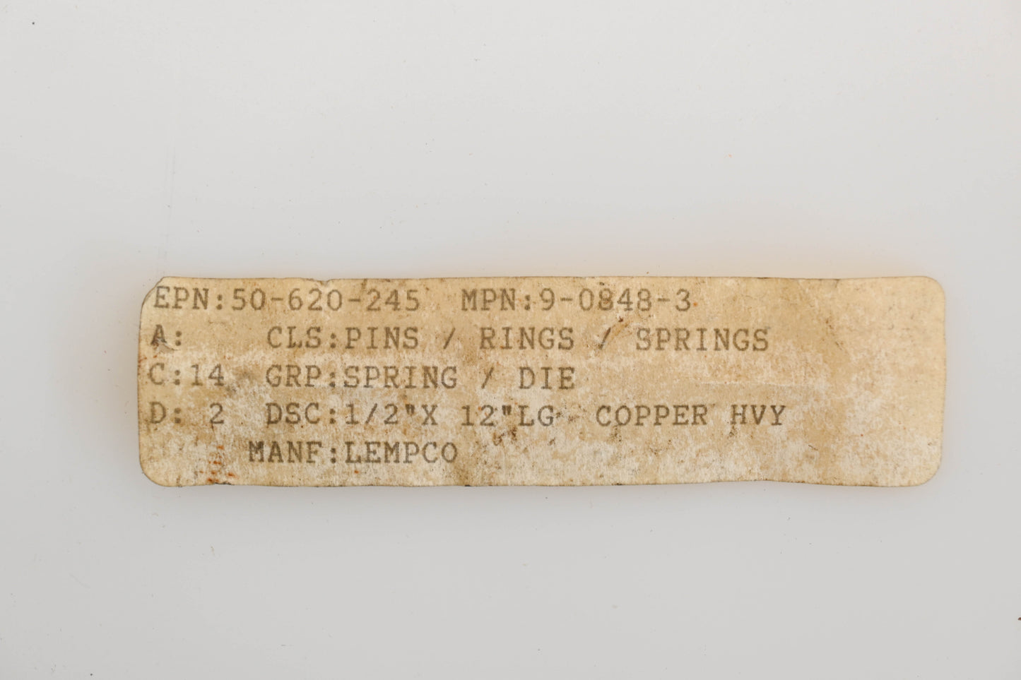 Lempco 9-0848-3, 50-620-245 Copper Spring NOS