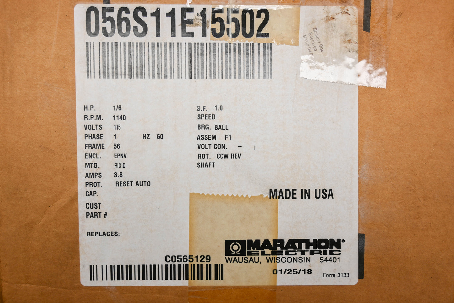 Marathon 56S11E15502A 115V 1/6 HP Electric Motor NOS