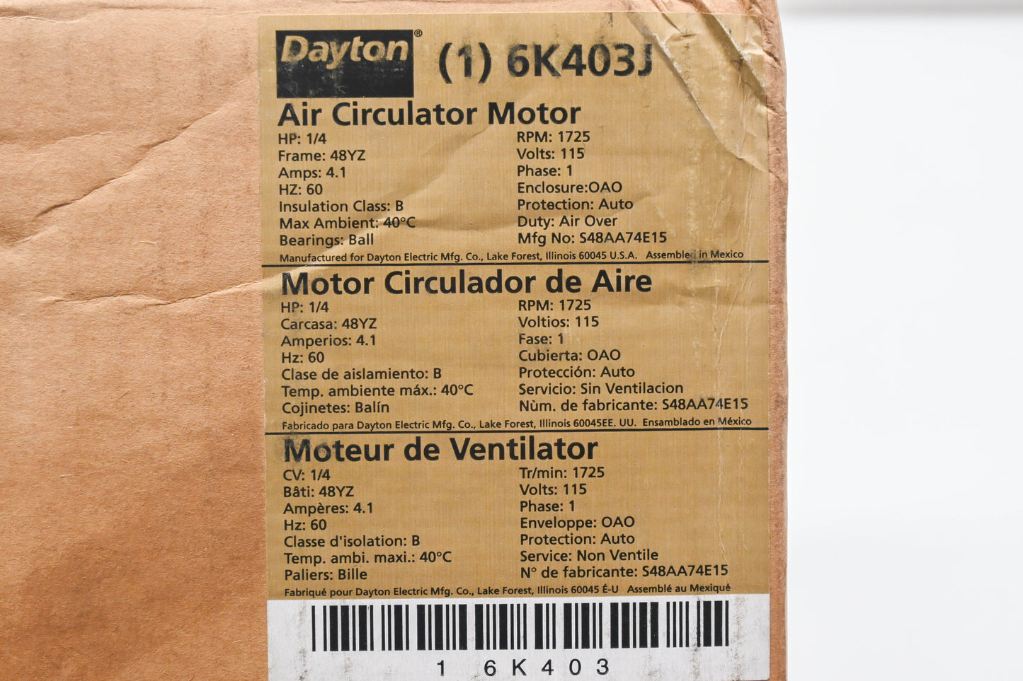Dayton 6K403J 115V 1/4 HP Air Circulator Electric Motor NOS